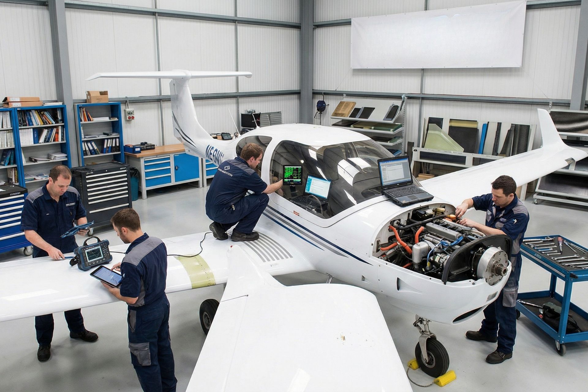 Team of four aviation technicians performing comprehensive diagnostics and maintenance on white aircraft with exposed engine cowling in organized hangar, using laptops and diagnostic equipment while working on avionics, engine systems, and airframe components.