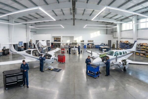 Here's the alt text for your image: ​ Alt text: "Wide-angle view of modern aircraft maintenance facility with multiple technicians in blue uniforms simultaneously servicing white general aviation aircraft with exposed engines in spacious, well-lit hangar with organized tool storage and parts shelving.
