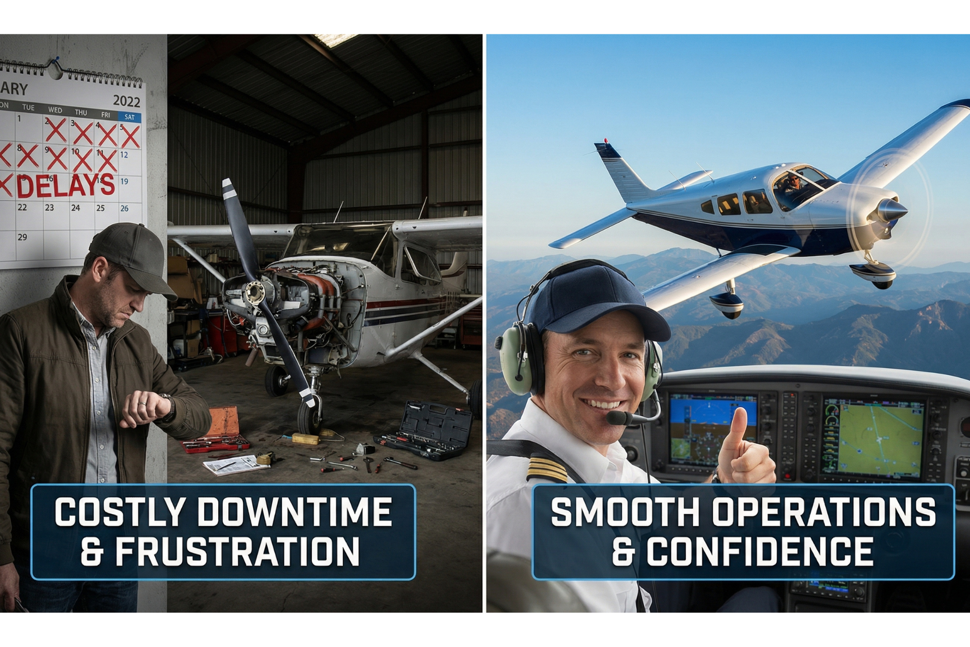 Split comparison image showing frustrated aircraft owner checking watch in hangar with grounded plane and calendar marked with delays versus confident pilot giving thumbs up in cockpit during flight over mountains, illustrating contrast between parts delays and reliable aircraft operations.