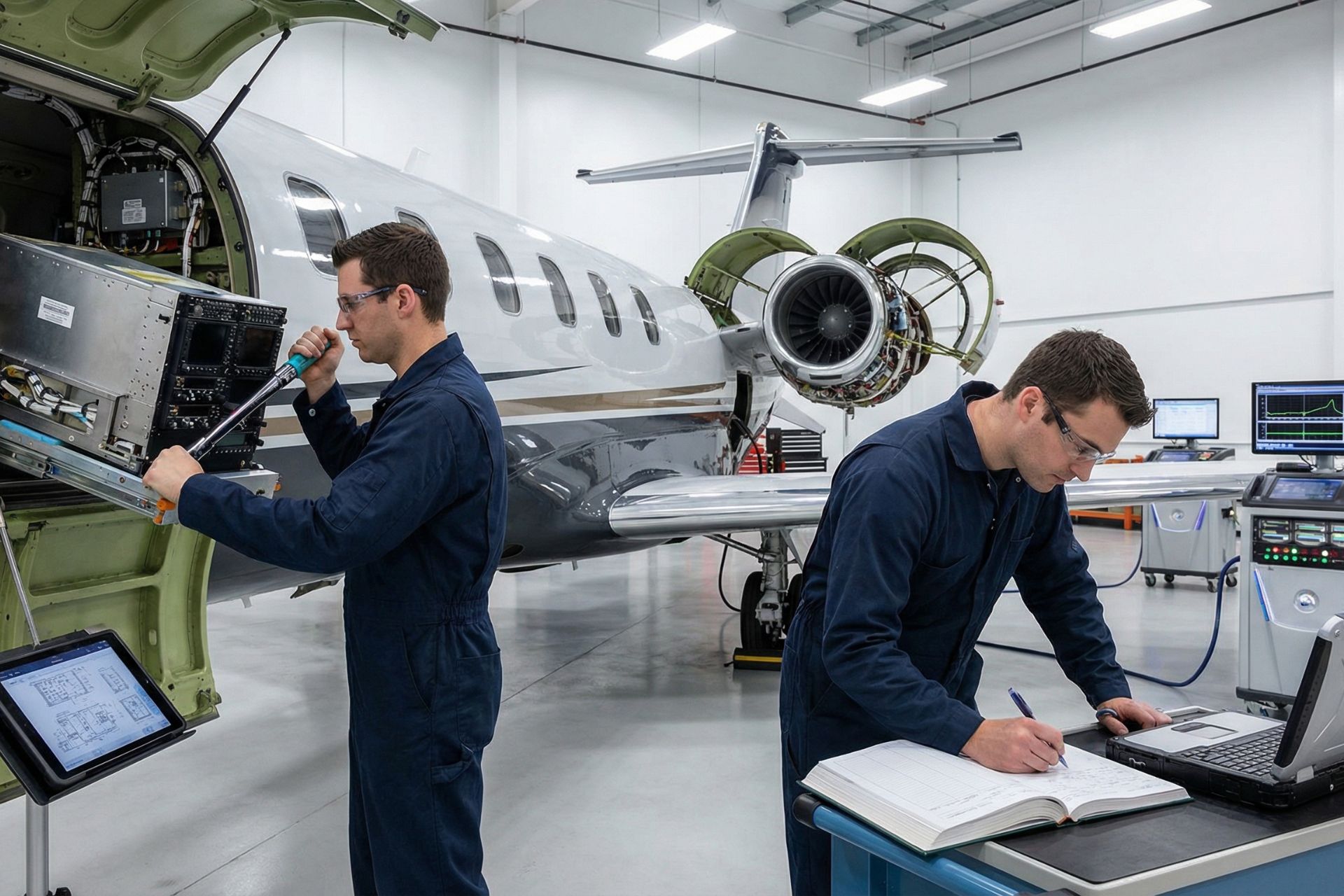 Two aviation technicians in navy blue uniforms working on business jet with exposed engine cowling in modern hangar, one communicating via headset while accessing avionics panel, other documenting maintenance procedures at laptop workstation with technical manuals.