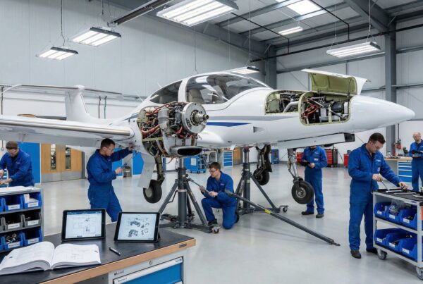 Aviation technicians in blue uniforms performing annual inspection on white Diamond twin-engine aircraft with exposed engines in modern hangar, with technical manuals and digital tablets on workbench.
