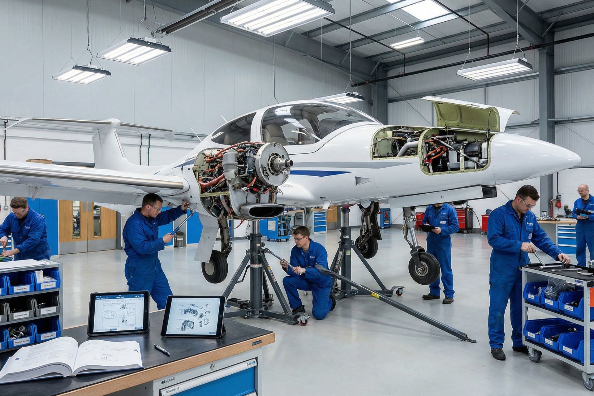 Aviation technicians in blue uniforms performing annual inspection on white Diamond twin-engine aircraft with exposed engines in modern hangar, with technical manuals and digital tablets on workbench.