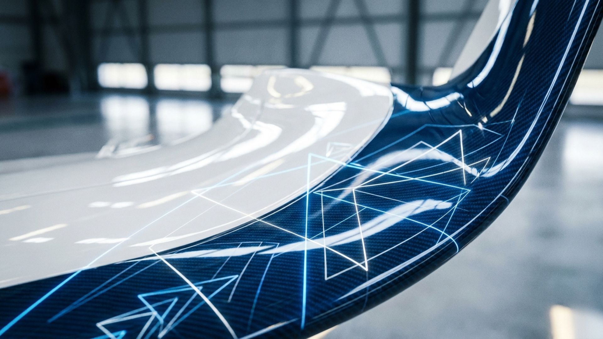 Close-up of carbon fiber car spoiler with blue geometric light lines, showcasing aerodynamic design and composite technology