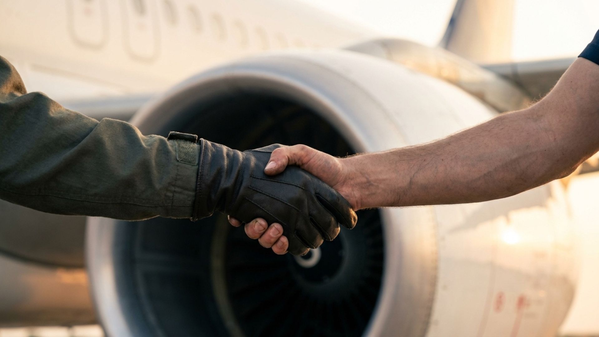 Mechanic and pilot handshake by jet engine, aviation partnership and aircraft maintenance teamwork on tarmac.