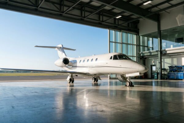 White private jet in modern airport hangar, business aircraft ready for luxury charter flight.
