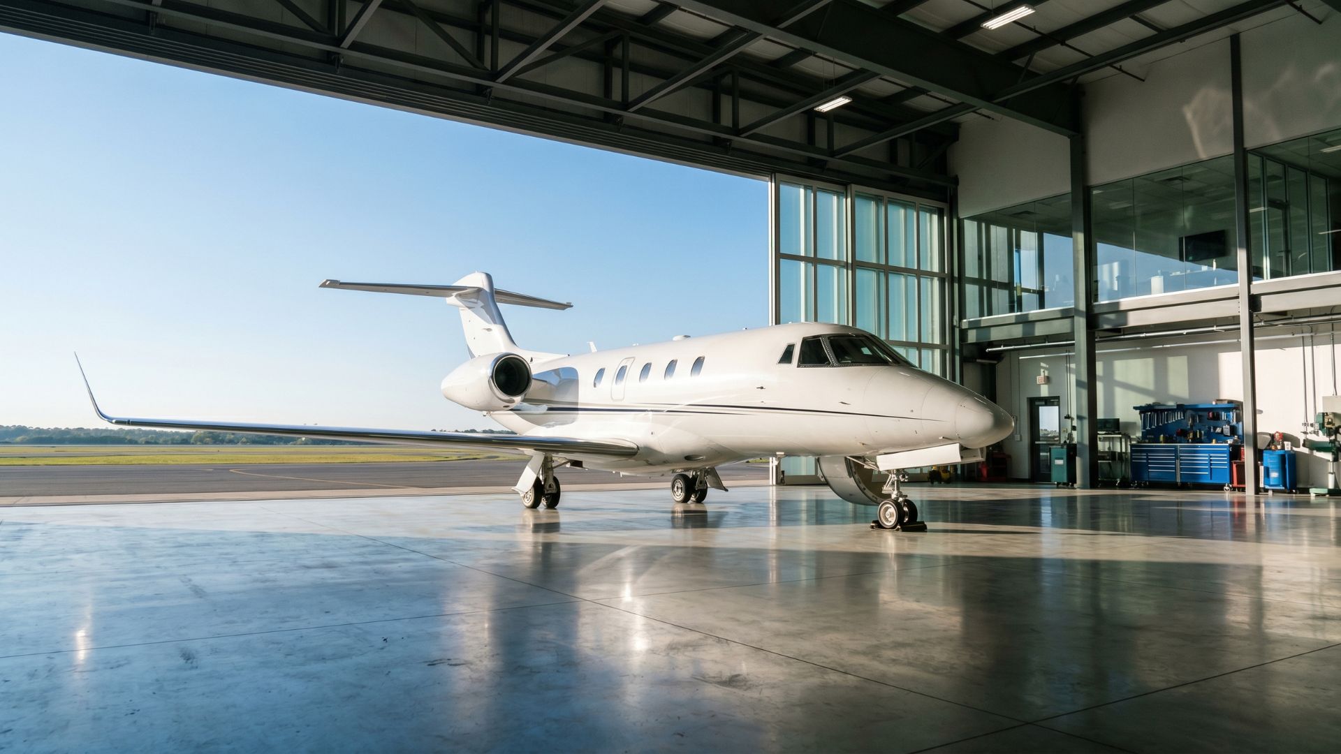 White private jet in modern airport hangar, business aircraft ready for luxury charter flight.