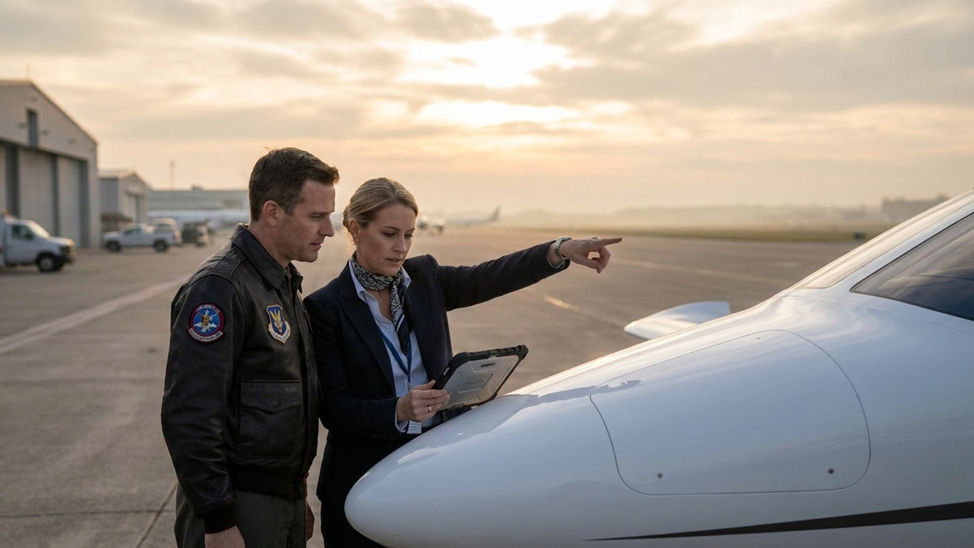 Pilot and instructor using tablet during preflight inspection beside small aircraft at sunrise on airport runway.