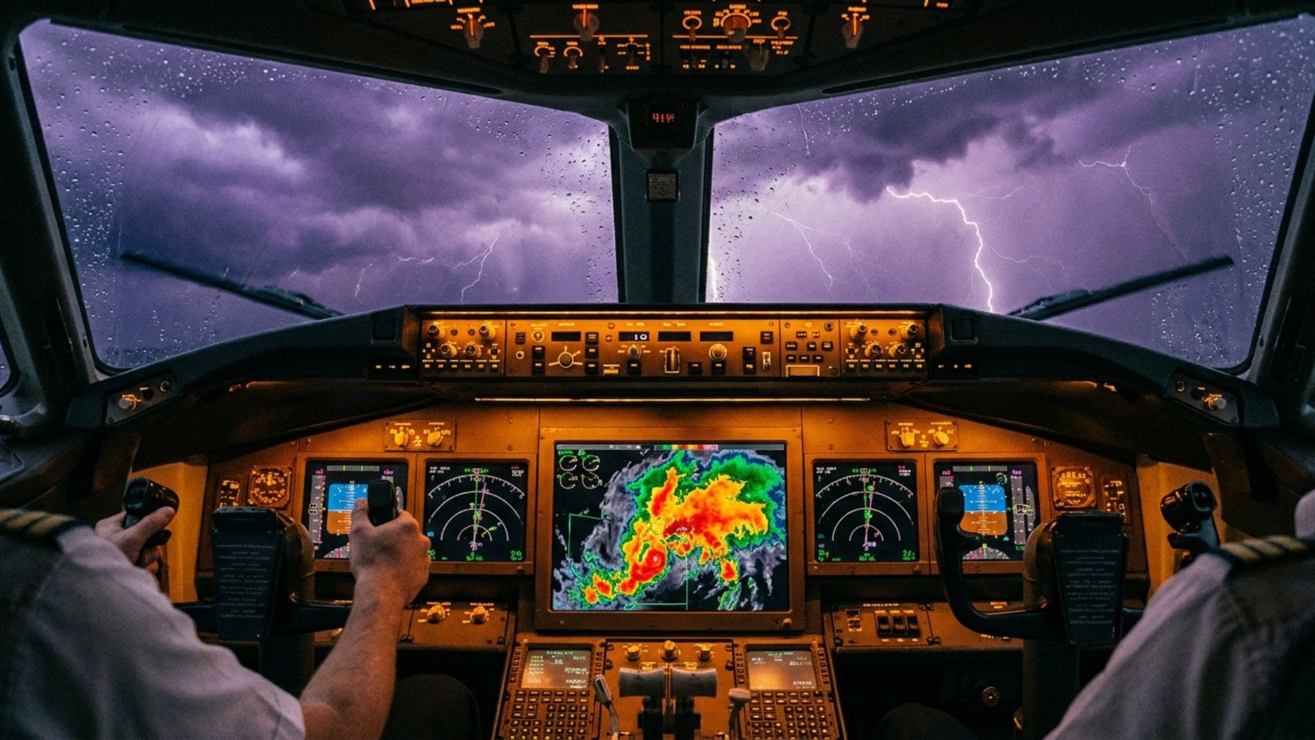 Commercial airplane cockpit as pilots navigate thunderstorm; lightning outside, weather radar tracking severe storm.