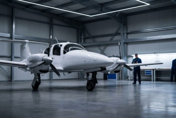 White twin-engine propeller aircraft in maintenance hangar, aviation technicians working at benches.
