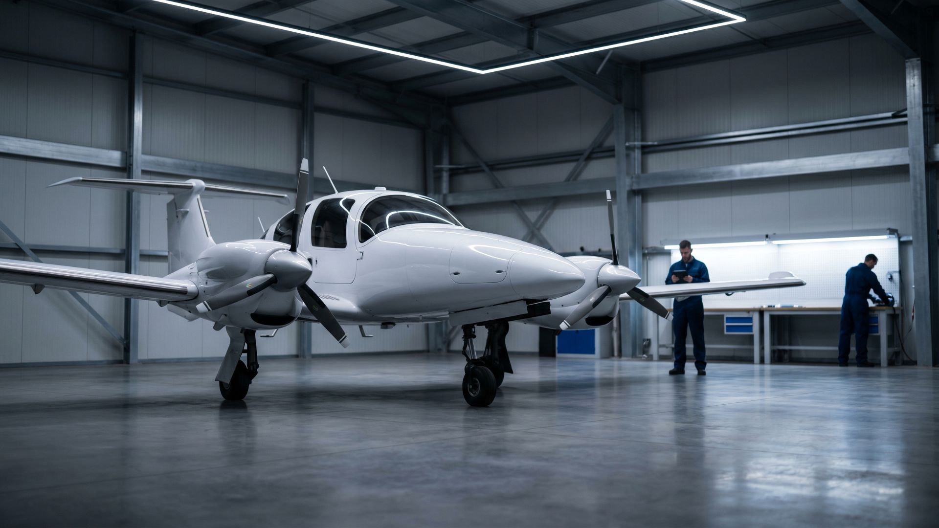 White twin-engine propeller aircraft in maintenance hangar, aviation technicians working at benches.