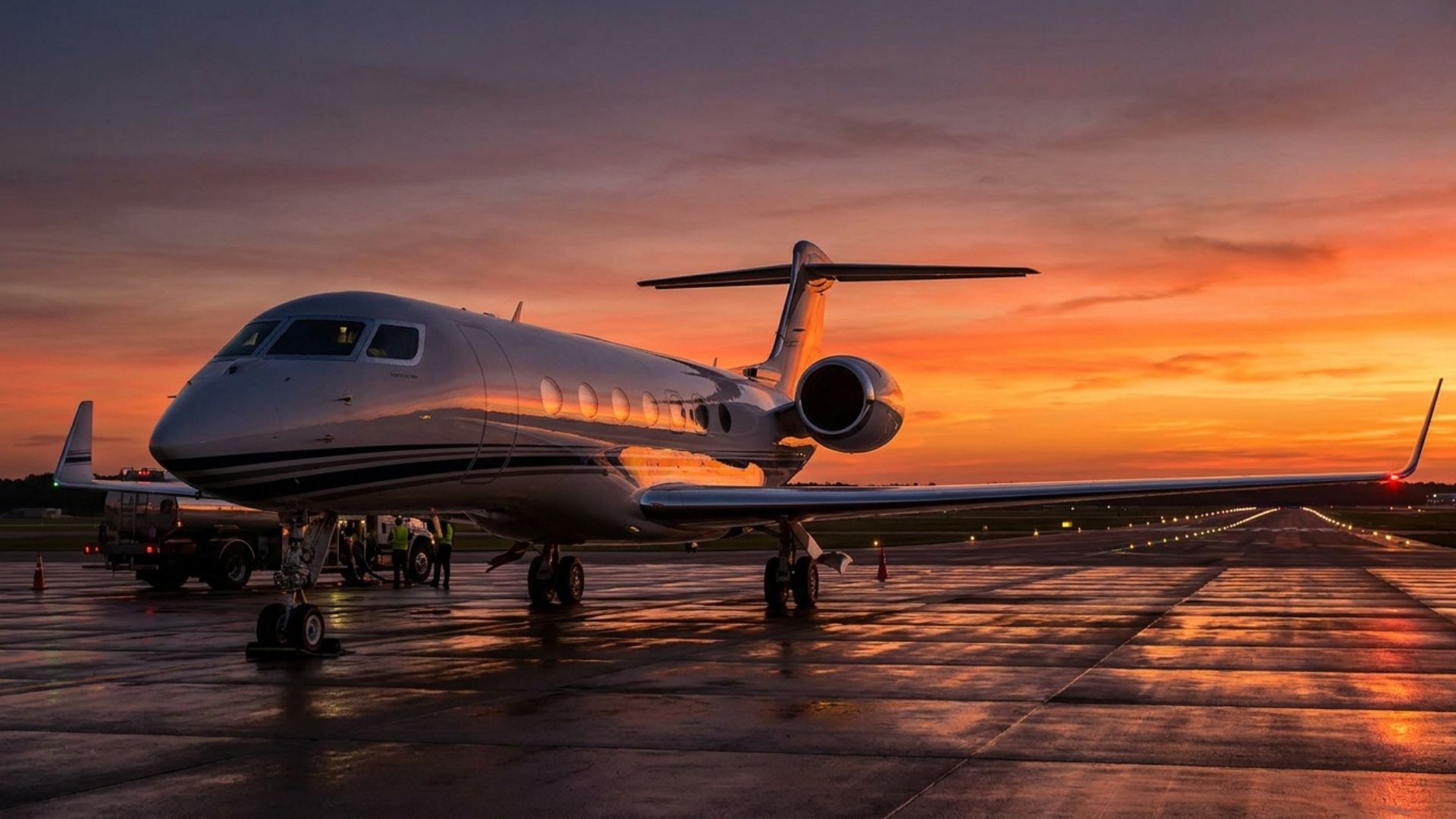 Luxury private jet on wet runway at sunset, business aviation aircraft ready for takeoff at airport.