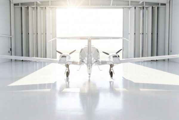 Sleek twin-engine propeller aircraft in bright hangar, front view with sunlit doorway, private plane ready for flight.