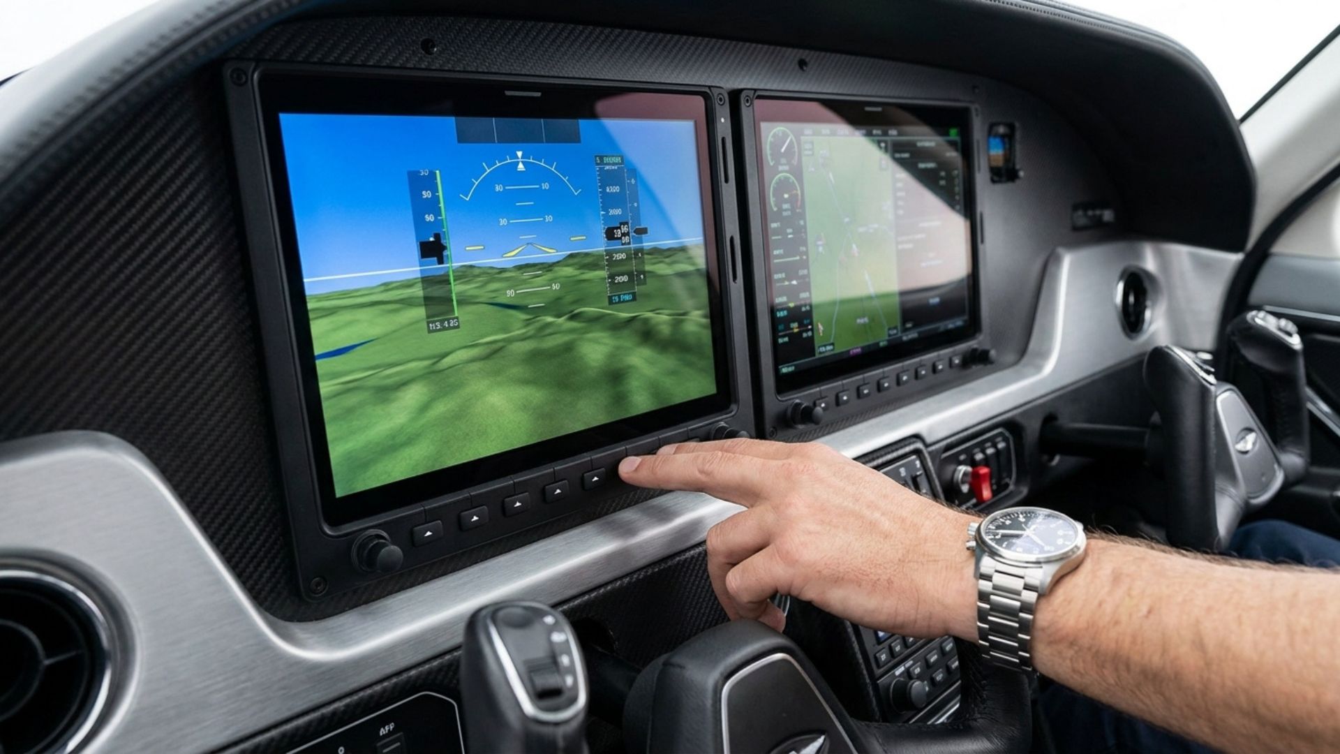 Pilot adjusts avionics on dual glass cockpit displays, primary flight display and map, modern airplane instrument panel.