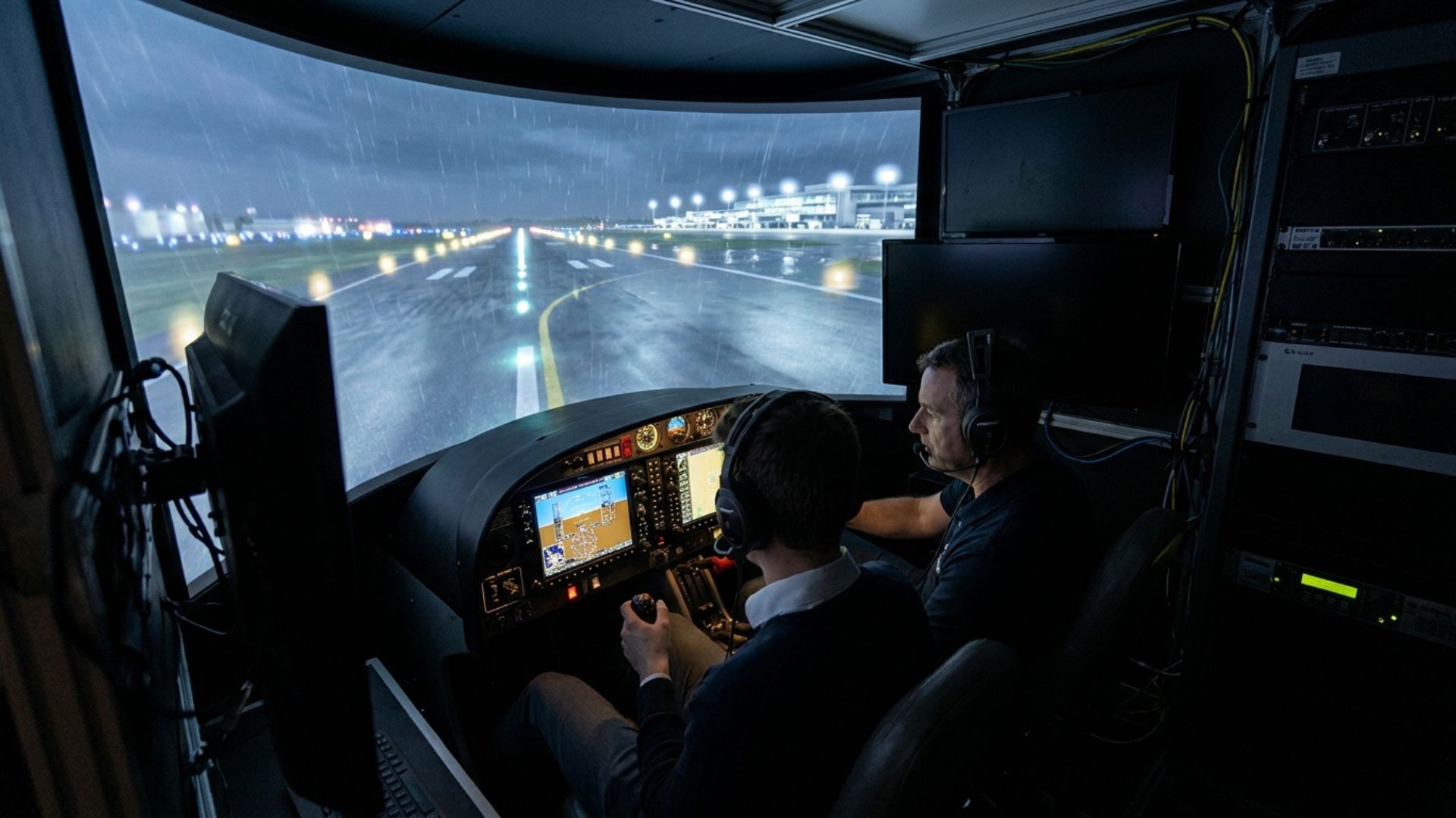 Two pilots train in a flight simulator cockpit during rainy night takeoff, runway lights glowing at the airport.