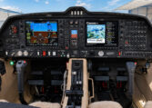 Diamond DA62 cockpit with Garmin G1000 NXi avionics, dual control sticks and throttle quadrant, twin-engine aircraft